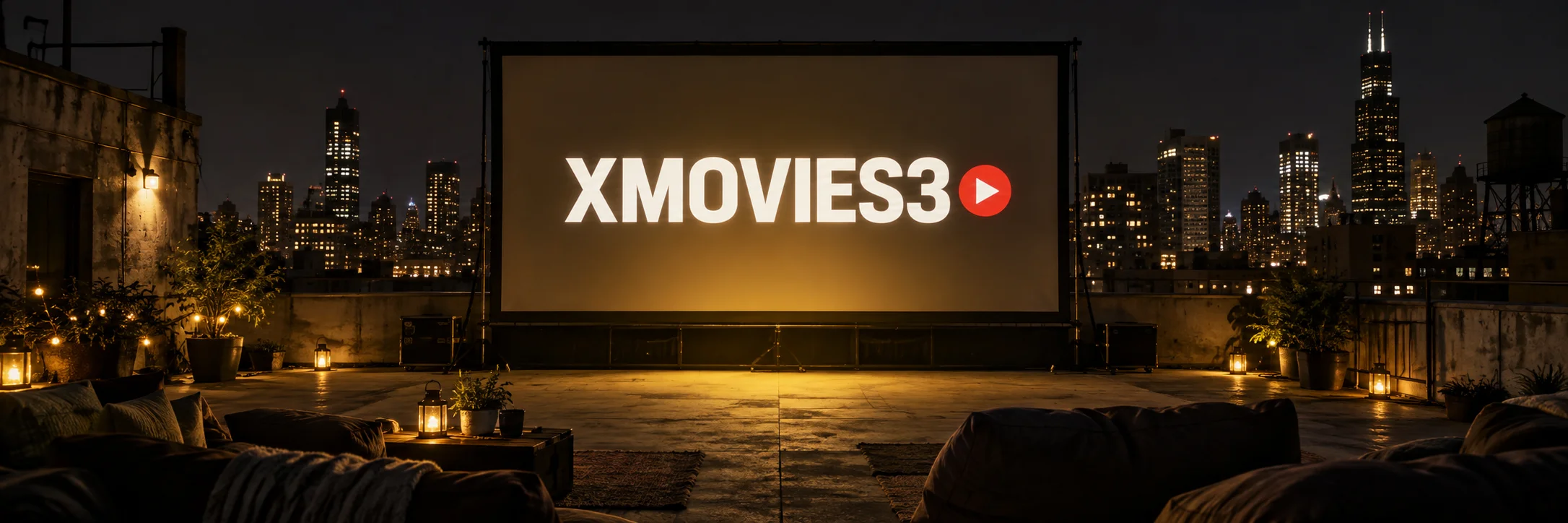 XMOVIES3 on a rooftop cinema screen above a nighttime city, with a red play symbol and yellow light